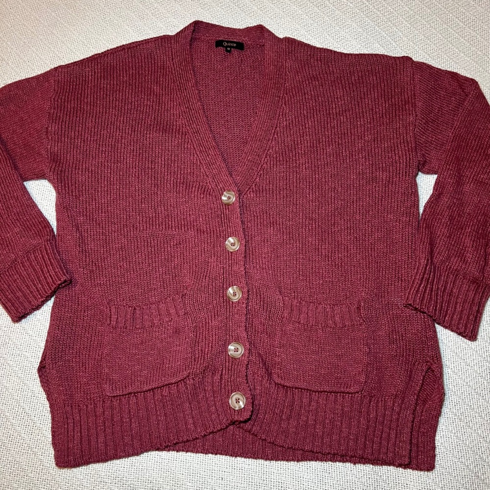 Quince Cotton Linen Relaxed Cardigan Dark Mauve Pink Sweater Womens Medium